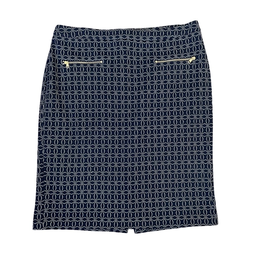 Talbots Navy Blue White Geometric Pencil Skirt Size 10 Cotton Blend Gold Zippers
